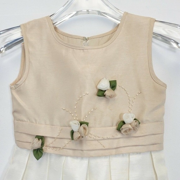 Flower Girl Dress Kids 6 Cream White Pleated 3D Flower Colorblock RUSTANETTE - Picture 10 of 12